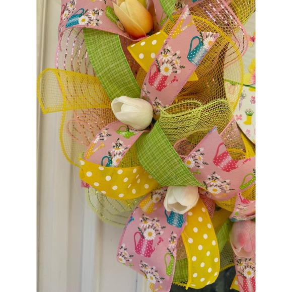 Hello Spring Flowers Butterfly Ribbon Deco Mesh Spring Summer Wreath - Picture 3 of 8